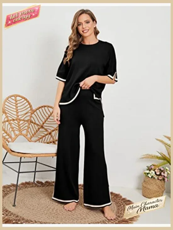 Knit Lounge Set Short Sleeve Pullover Elastic Waist Wide Leg Pants Y2K - Picture 3 of 7